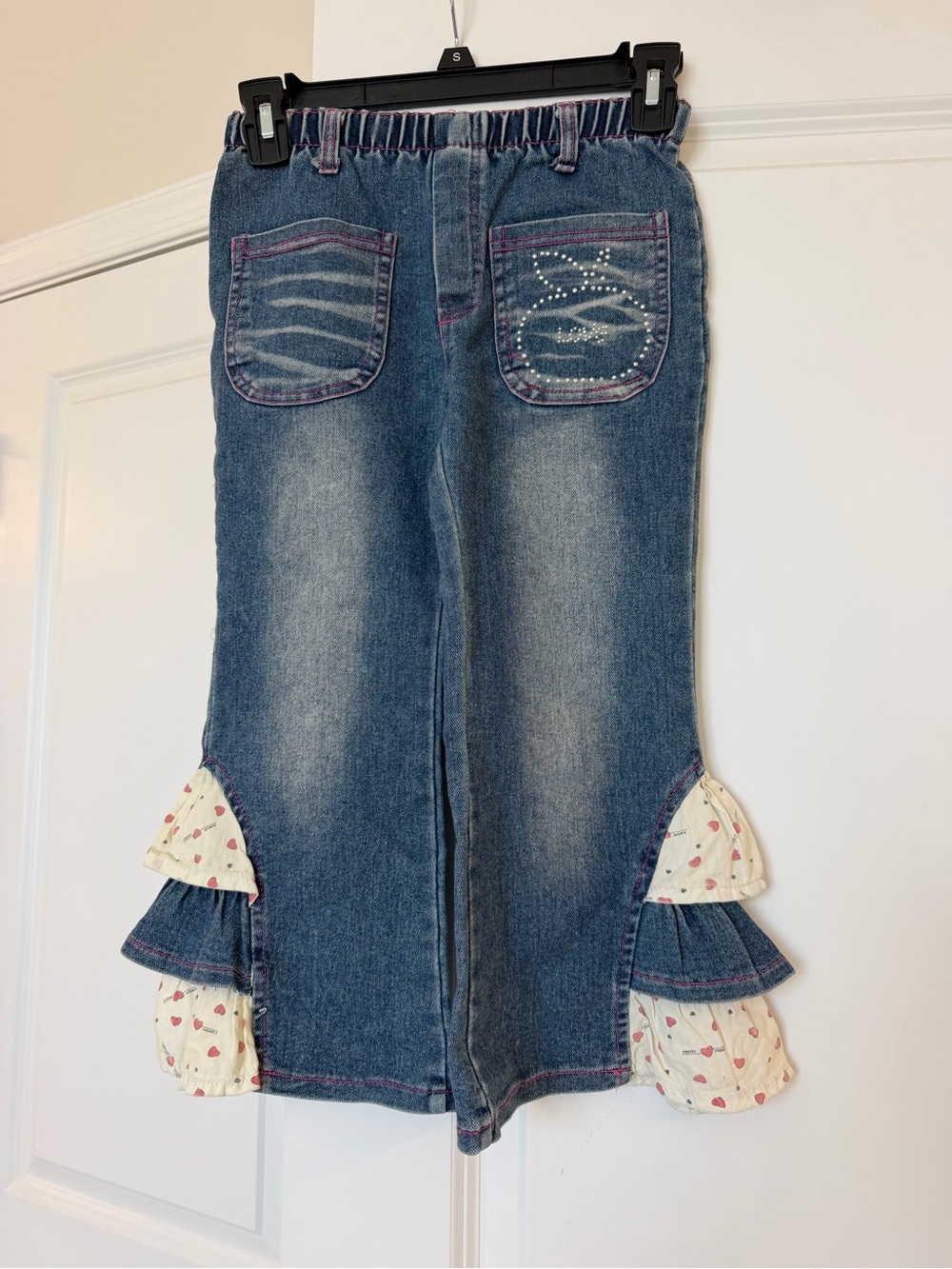Girls' Blue Denim Jeans with Heart Ruffle Trim